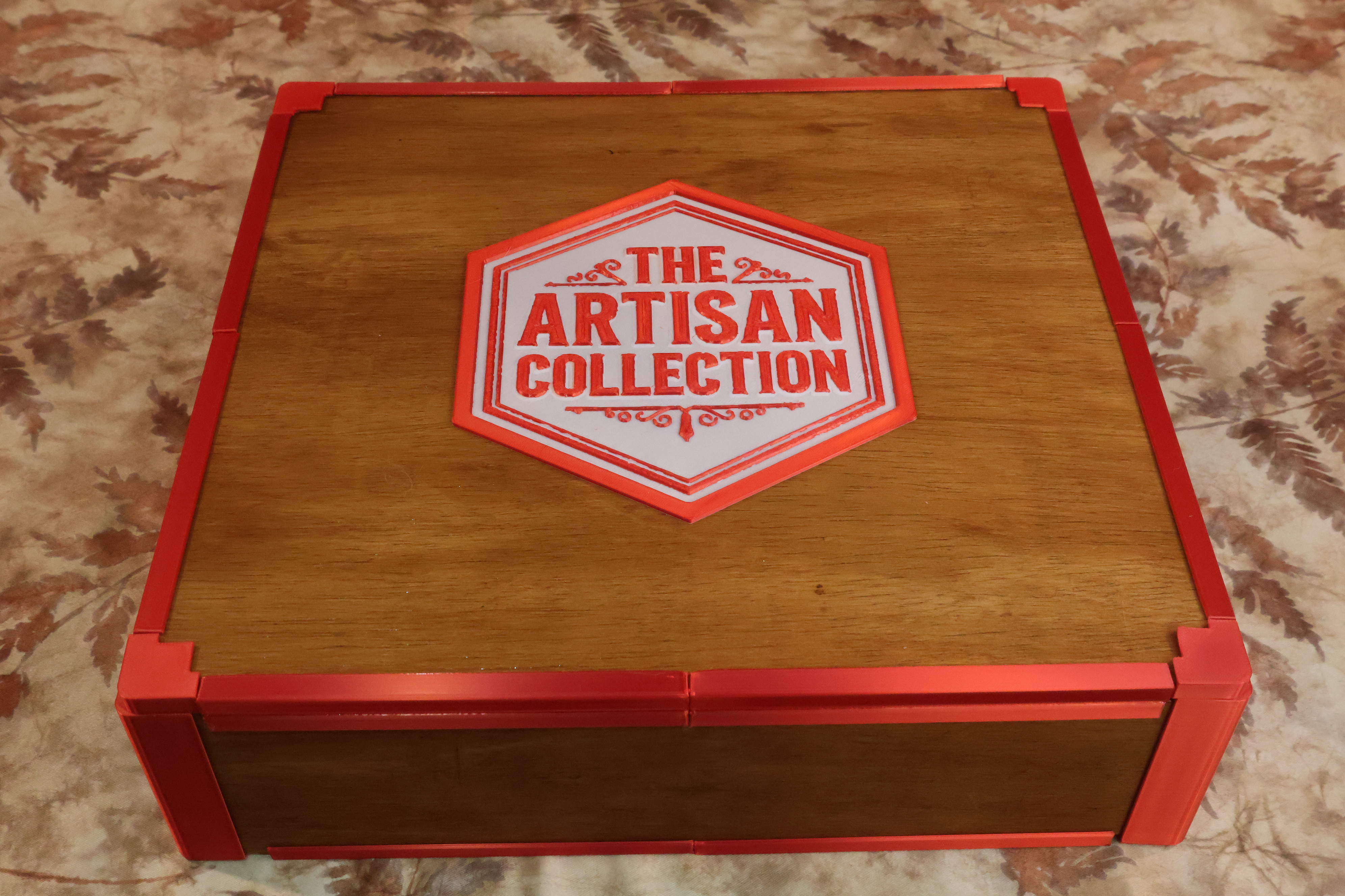 Premium magnetic 3D printed Catan Artisan set displayed in its signed wooden heirloom box with custom robber and player pieces