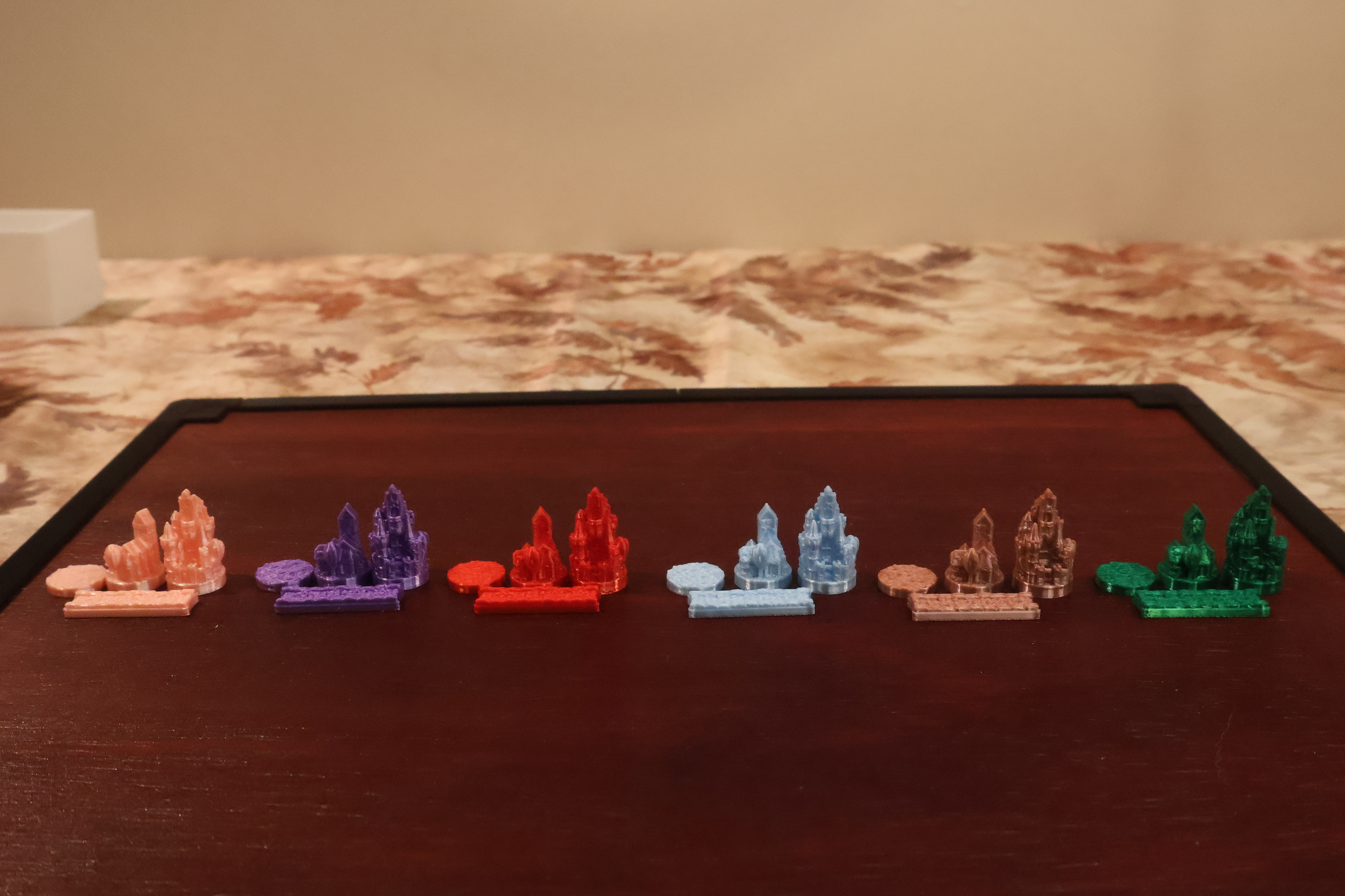 Full set of premium silk-textured Catan player pieces in shimmering Bambu Studios Silk+ filament