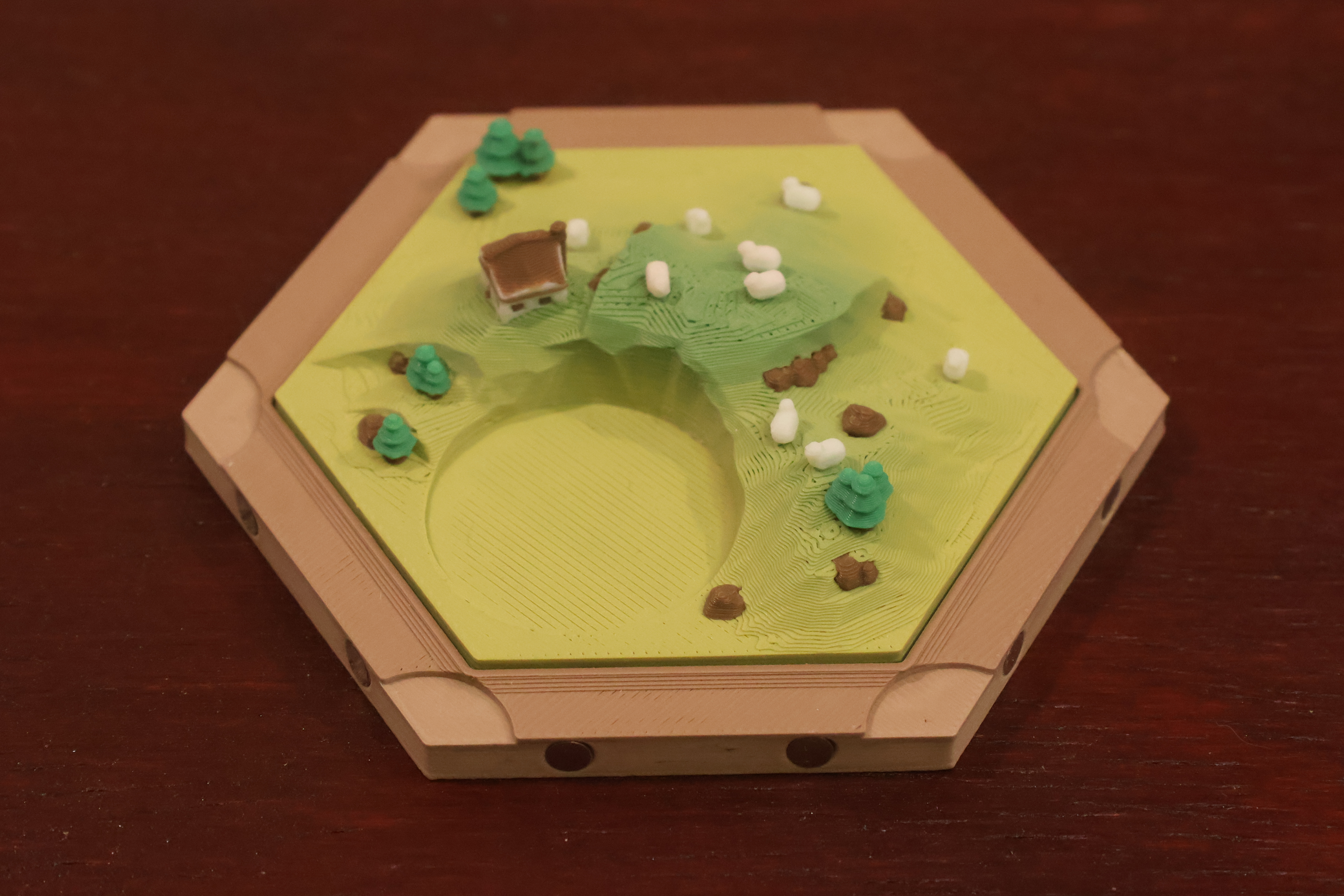 Single magnetic pasture hex tile with a finely sculpted rolling sheep field