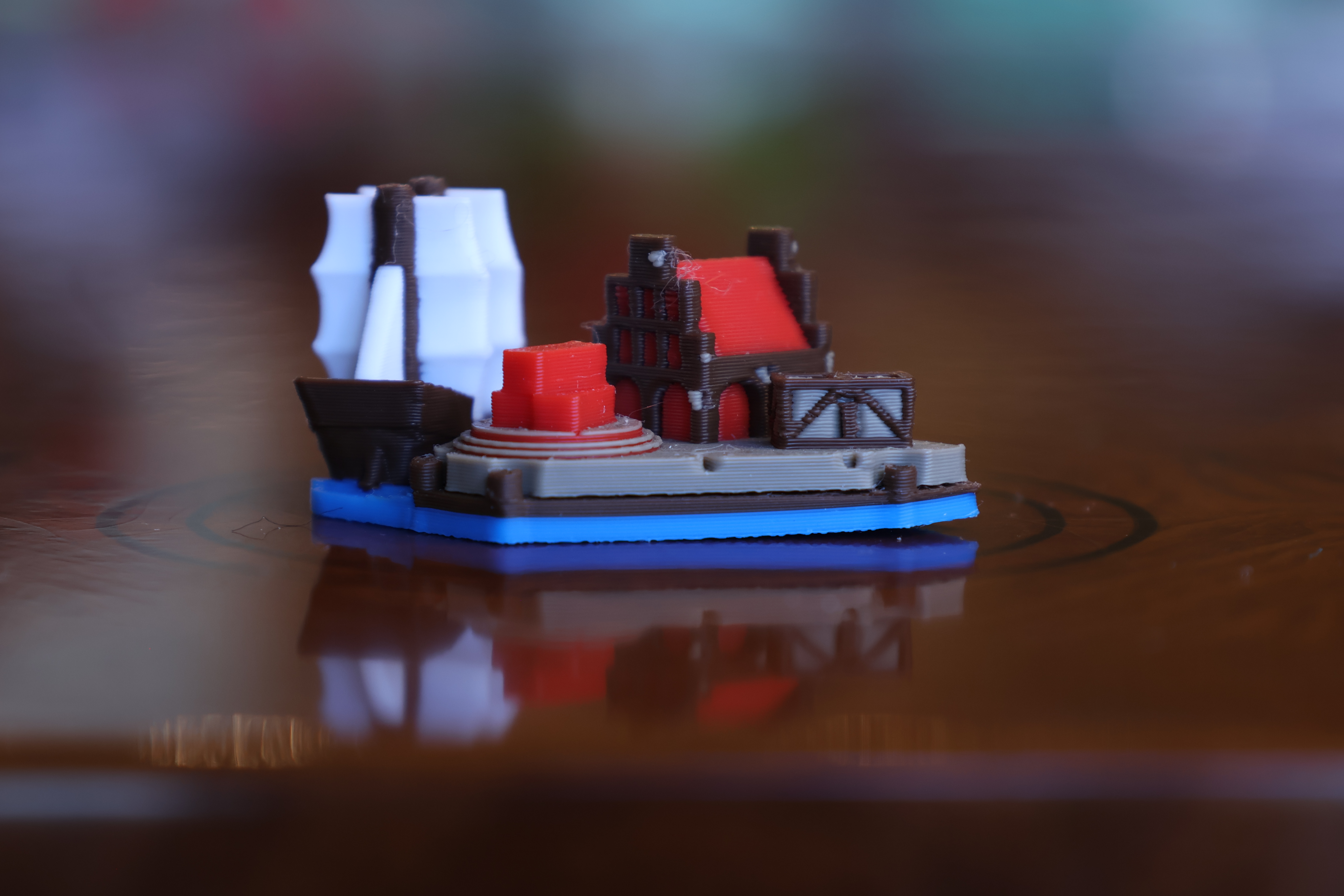Close-up of the brick harbor port piece with its hand-finished 2-for-1 trade marking